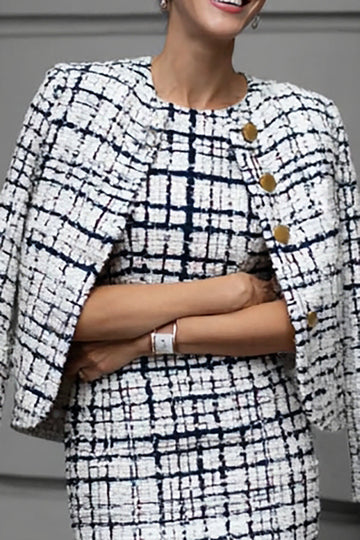 2 Piece Mix Black Grid Tweed Pencil Work Dress